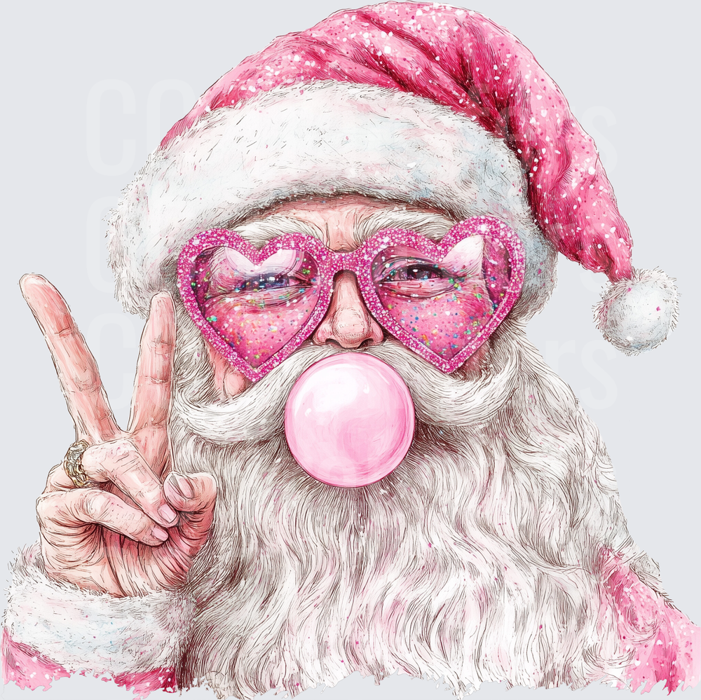 Trendy Santa Pink Heart Glasses Bubble Gum Peace Sign (DTF)