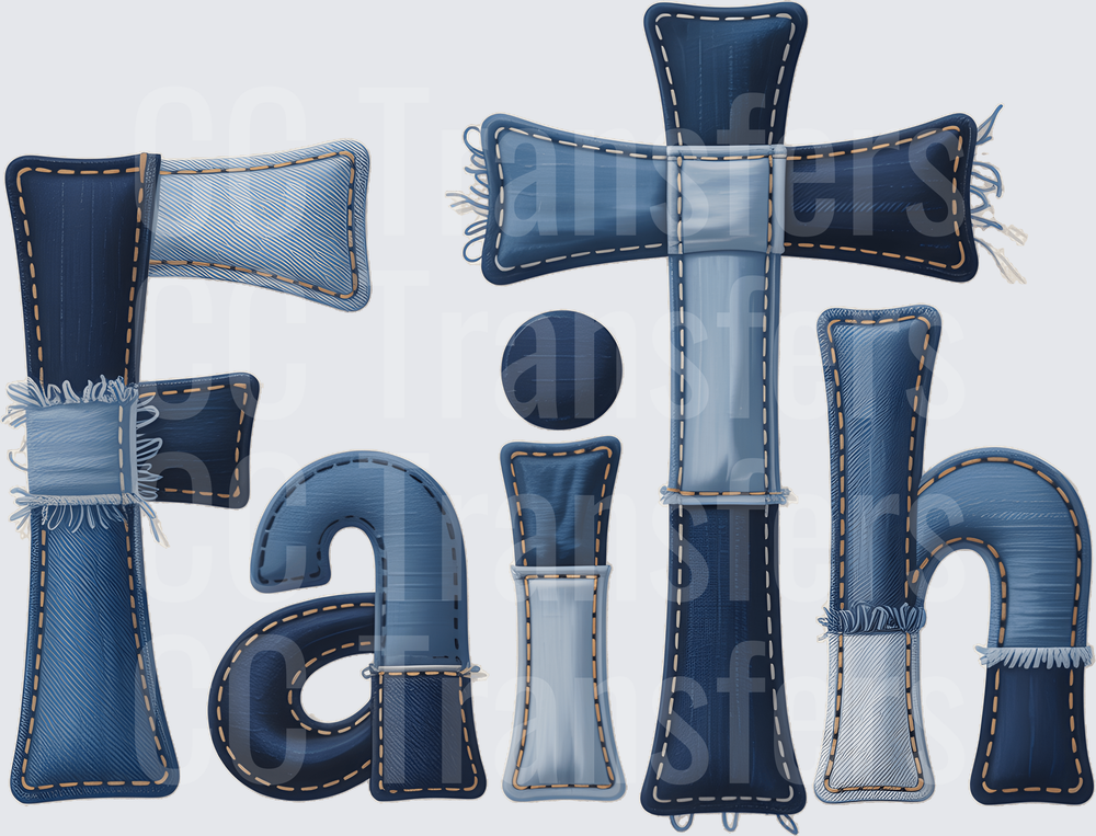 Faith Denim Patchwork Stitched Letter Word Art (DTF)