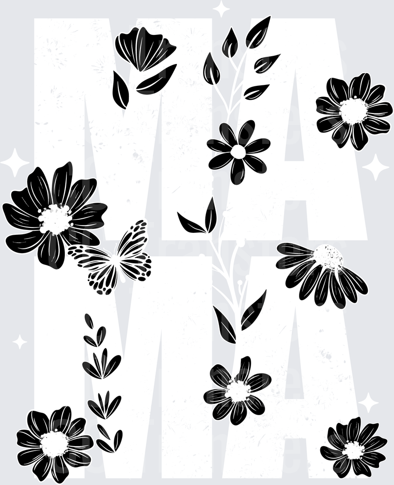 Black Floral Scatter Pattern with Butterfly (DTF)