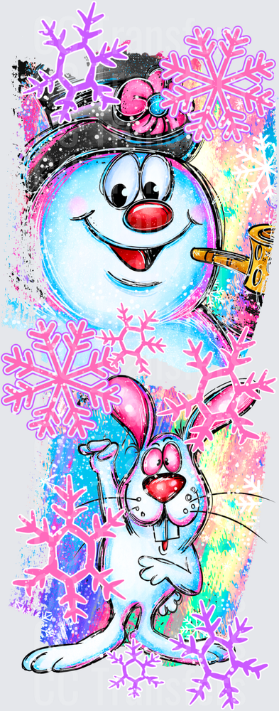 Cartoon Snowman & Blue Bunny Winter Snowflake Design (DTF)