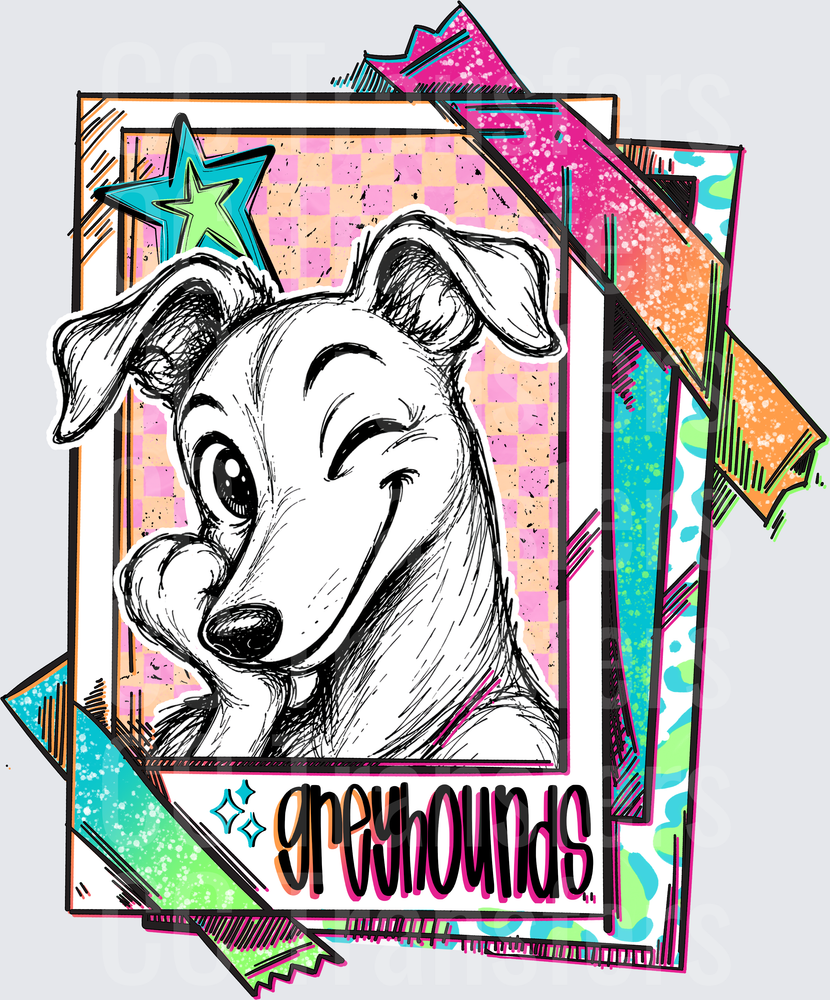 Retro Greyhound Dog Sketch Polaroid Collage DTF