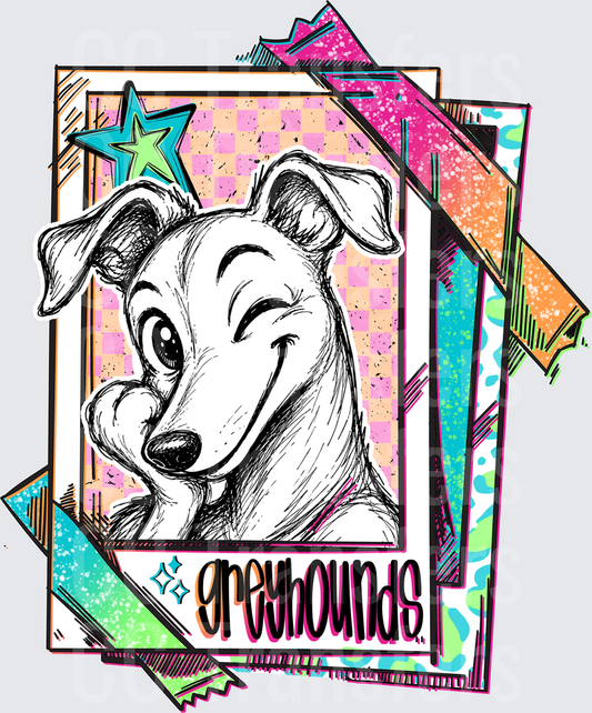 Retro Greyhound Dog Sketch Polaroid Collage DTF