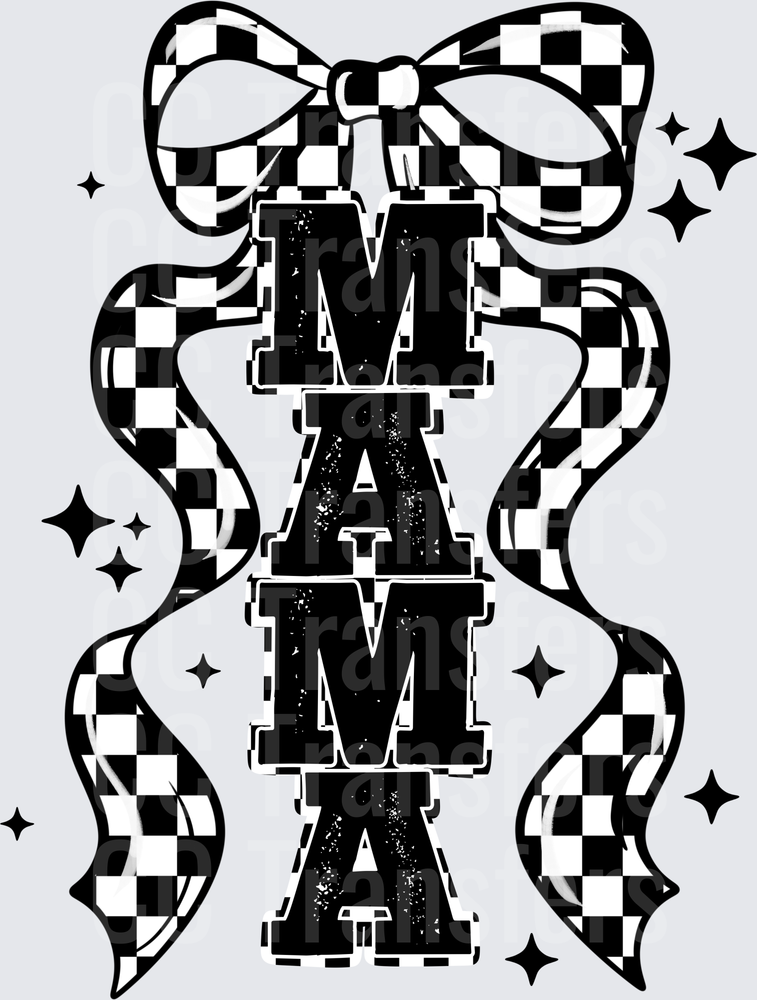 Checkered MAMA Stacked Letters with Bow and Sparkles (DTF)