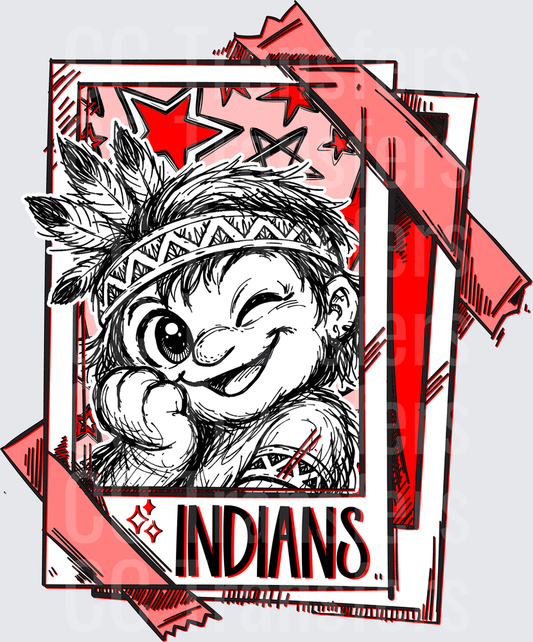 Indians Mascot Cartoon Sketch Polaroid Red Stars (DTF)