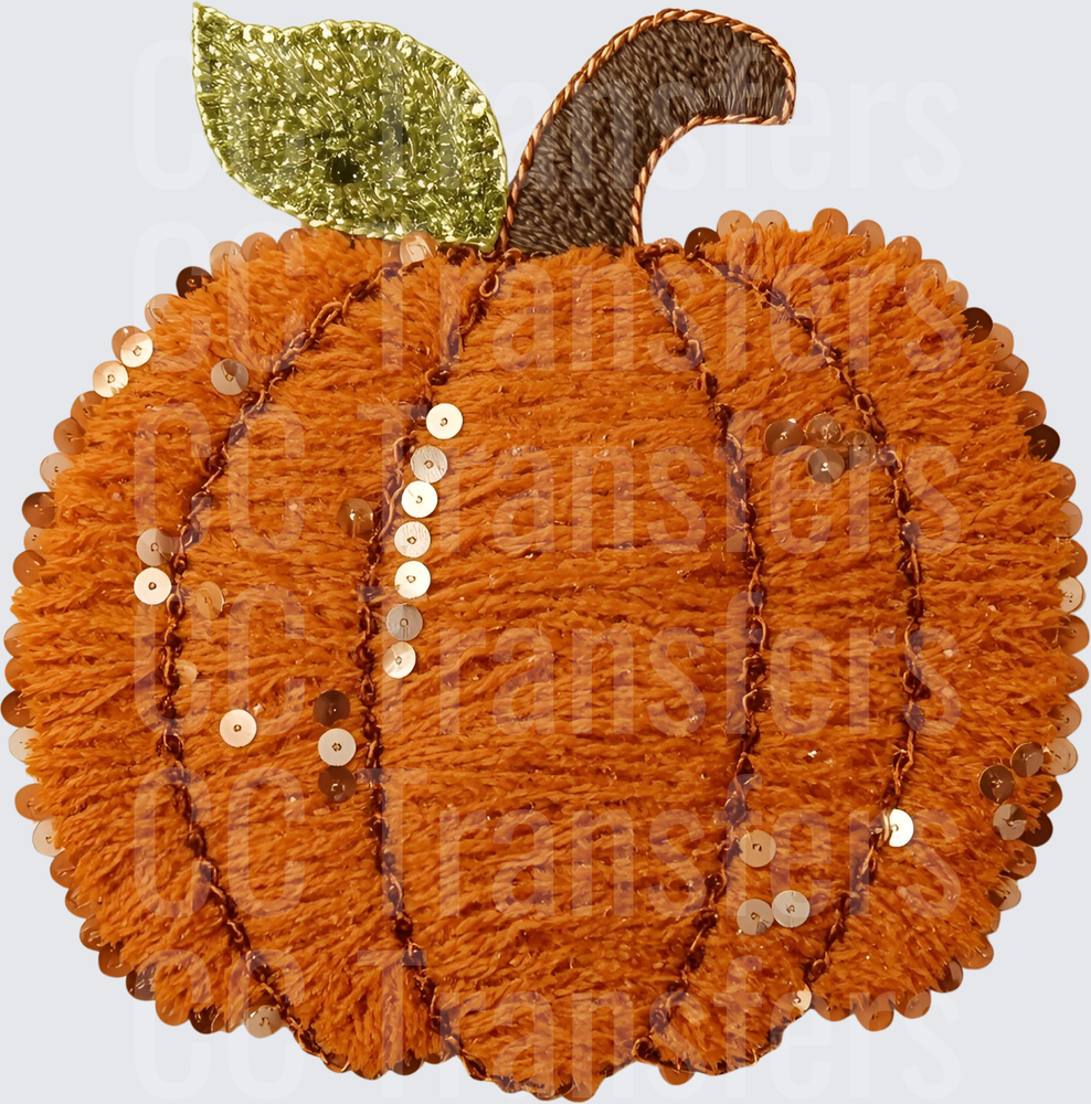 Sequin Embroidered Pumpkin with Glitter Leaf (DTF)