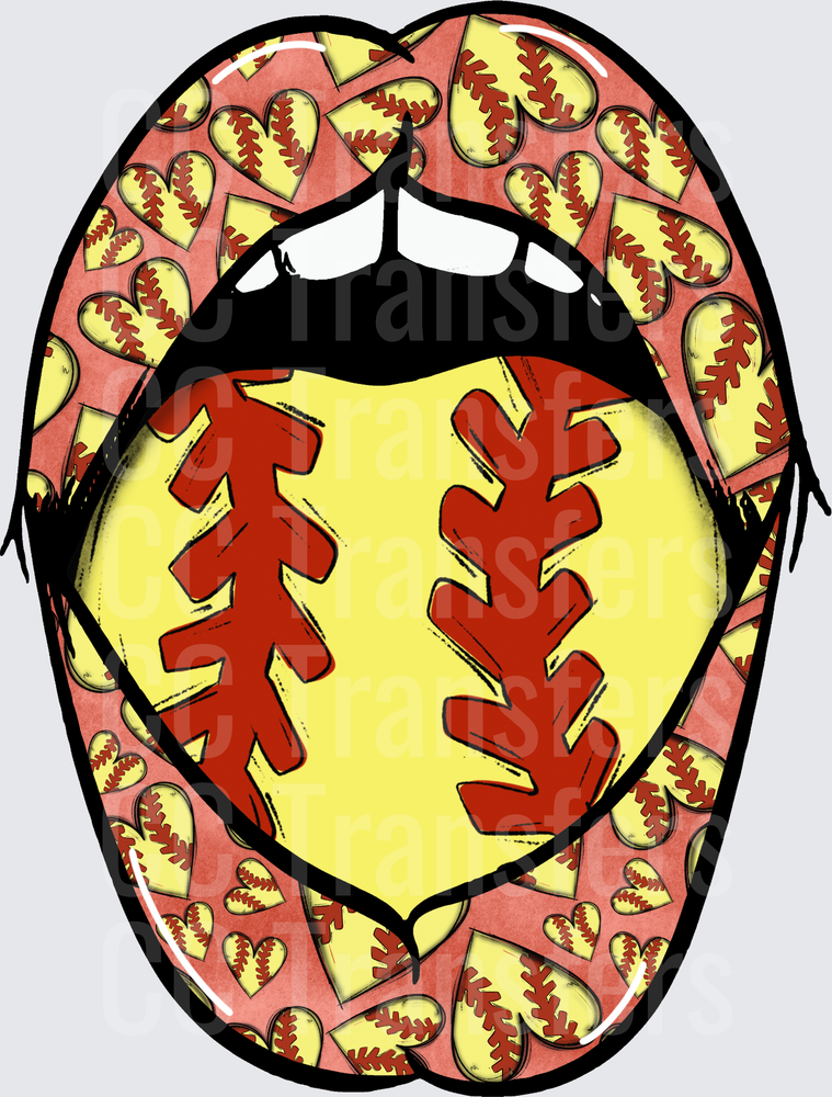 Softball Heart Lips Open Mouth Tongue Design (DTF)