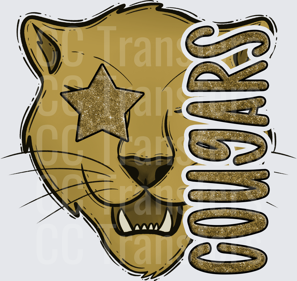 Glitter Gold Cougar Mascot with Star Eye Cougars (DTF)