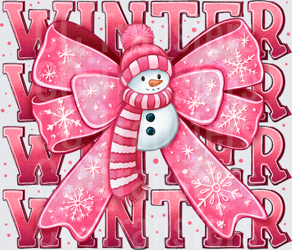 Pink Winter Stacked Word Snowman Bow Snowflake Design (DTF)