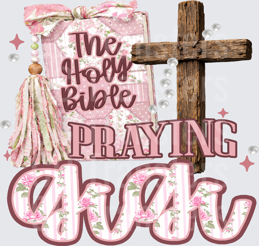 Praying Grandma Holy Bible Cross Floral Pink Design (DTF)