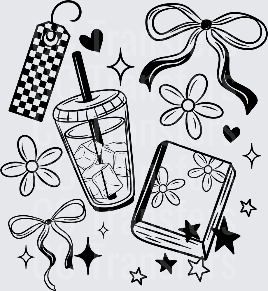 Coquette Iced Coffee Book Bows Daisies Stars Collage (DTF)