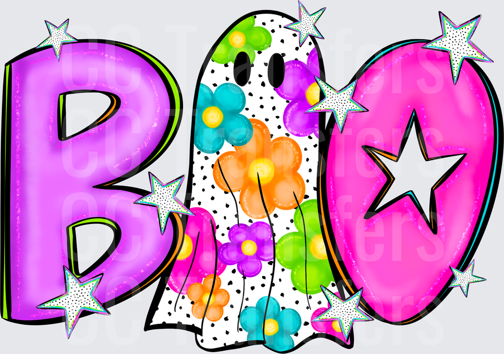Colorful BOO Halloween Ghost Floral Stars Bold Letters (DTF)