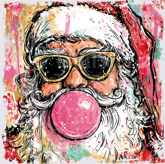 Cool Santa Blowing Pink Bubble Gum with Gold Sunglasses (DTF)