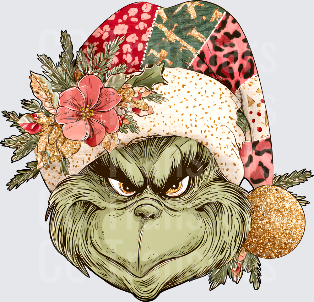 Grumpy Green Creature Boho Floral Patchwork Santa Hat (DTF)