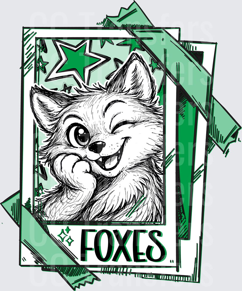 Smirking Cartoon Fox Portrait Green Stars Foxes (DTF)