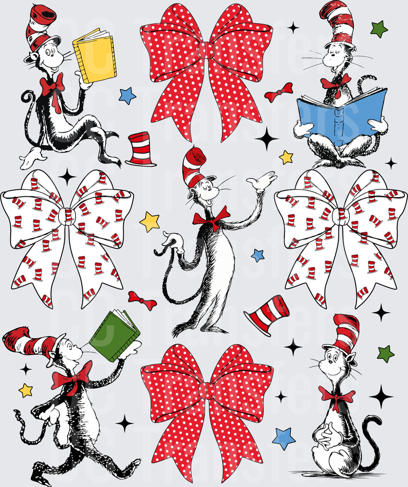 Whimsical Cat Reading Books Bows Stars Bundle (DTF)