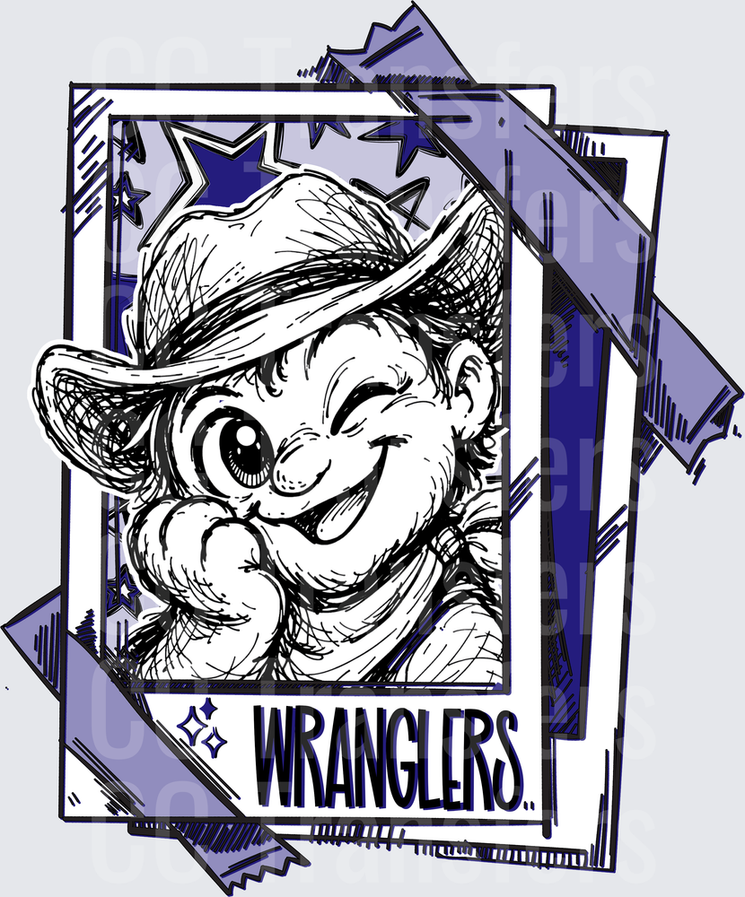 Wranglers Cowboy Cartoon Mascot Sketch Card Blue Stars (DTF)