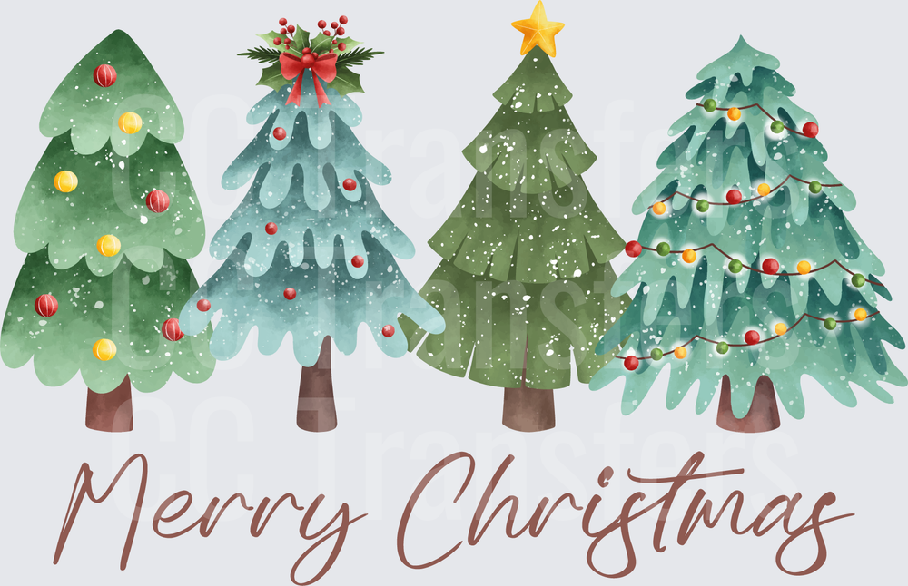 Merry Christmas Watercolor Four Decorated Trees (DTF)