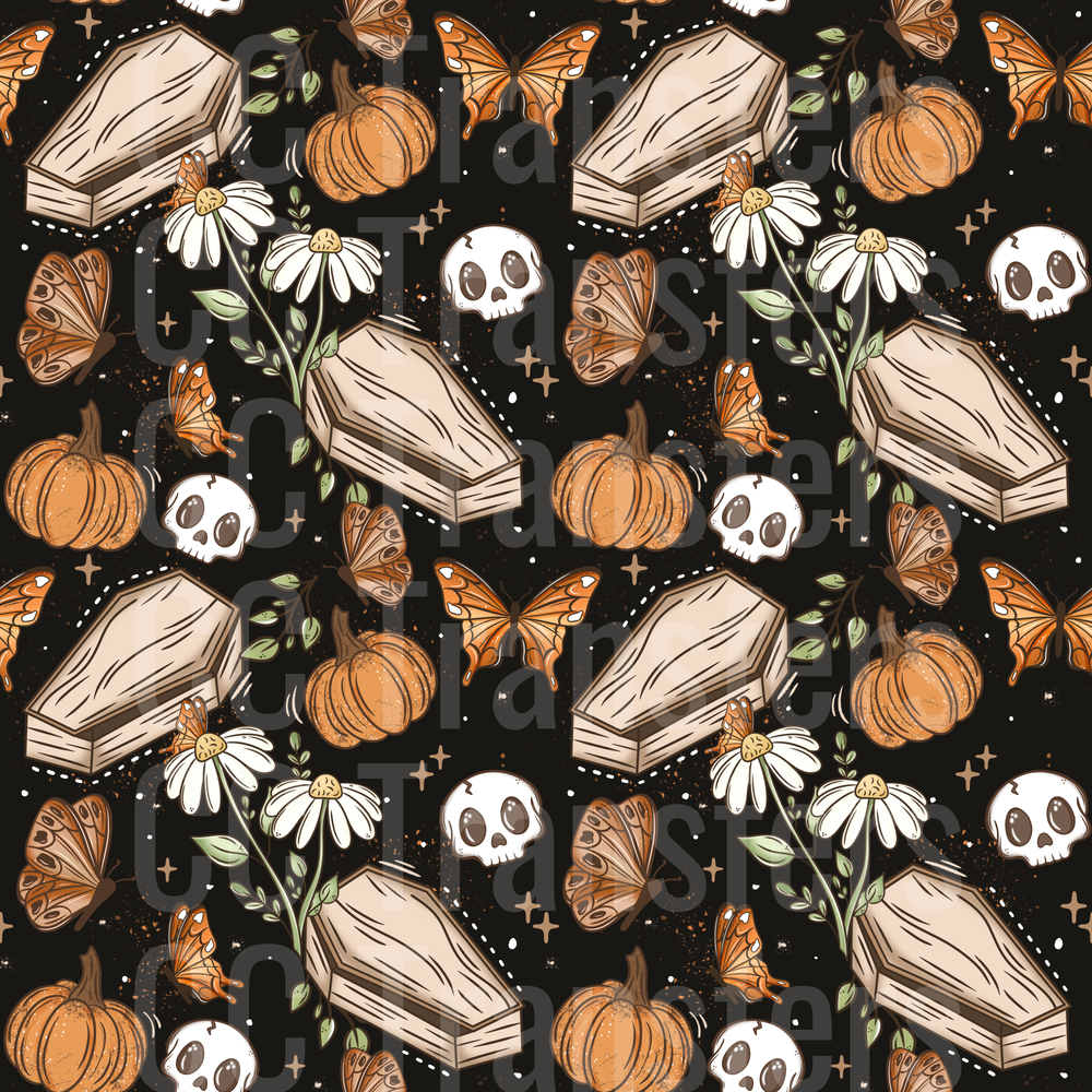 Halloween Coffins Skulls Pumpkins Butterflies Pattern (DTF)