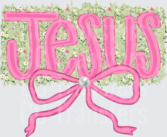 Pink Jesus Lettering Floral Background Pearl Bow (DTF)