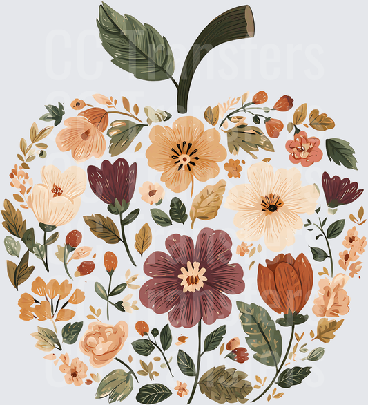 Boho Floral Apple Shape Fall Botanical Design (DTF)