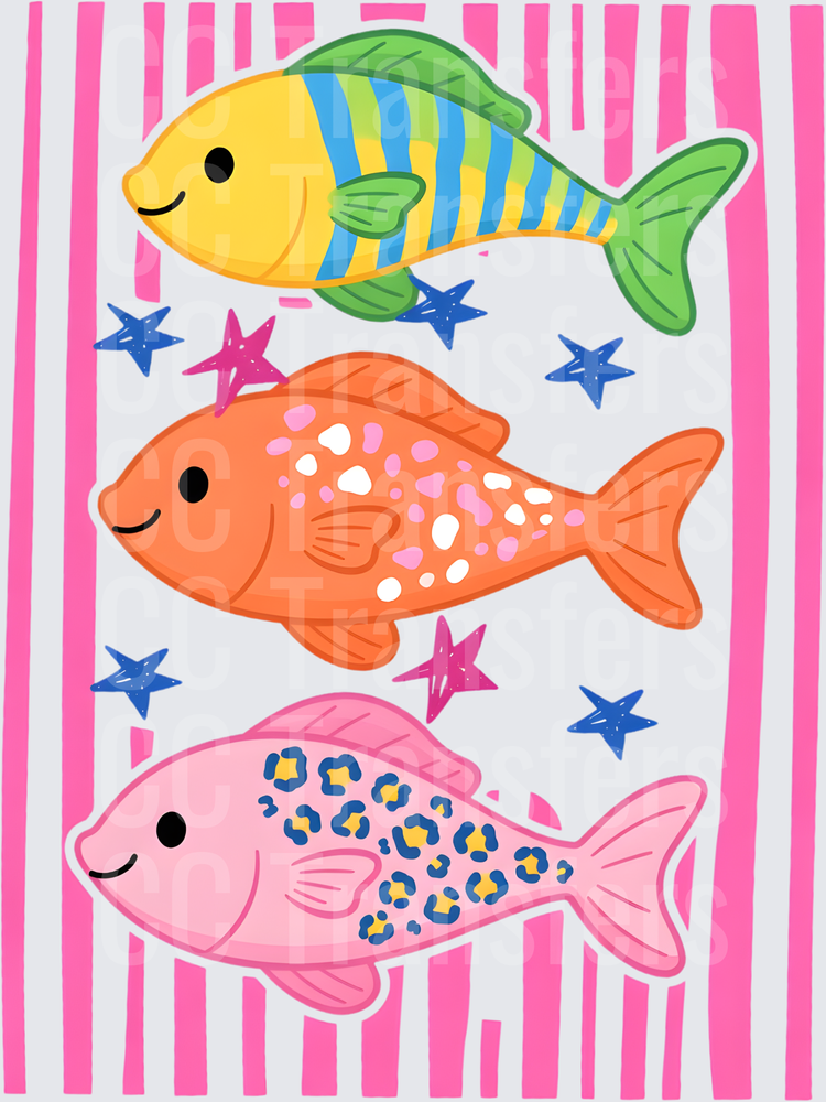 Cute Kawaii Fish Trio Leopard Stripe Patterns Stars (DTF)