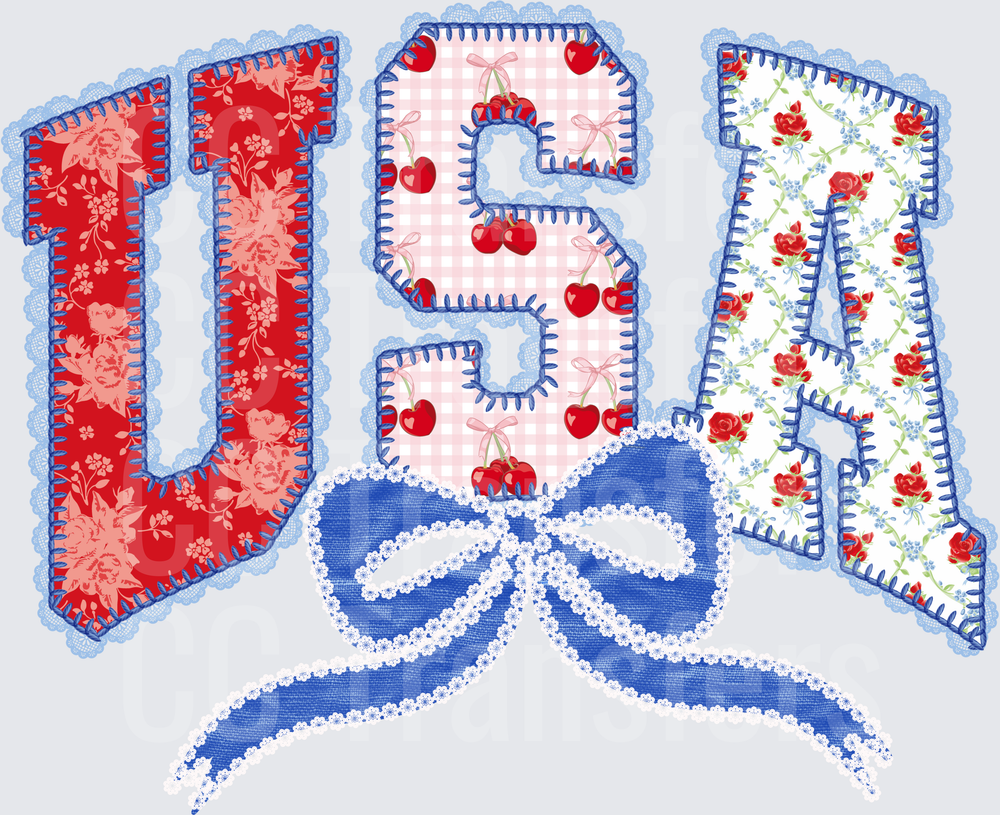 Patchwork Floral USA Letters with Blue Bow (DTF)