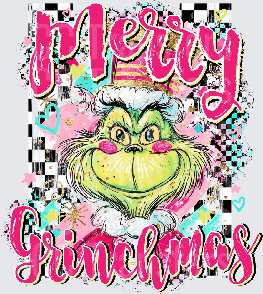 Merry Grinchmas Pink Checkered Holiday Character (DTF)