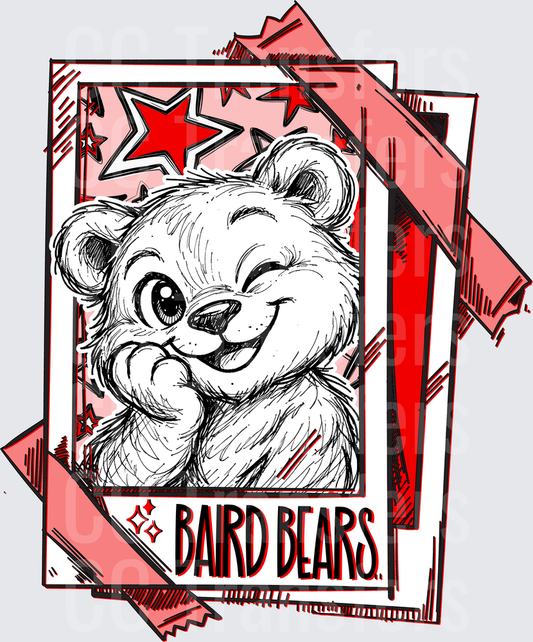 Cute Winking Sketch Bear Polaroid Card Red Stars (DTF)