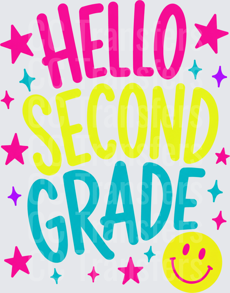 Hello Second Grade Colorful Stars Smiley Face (DTF)