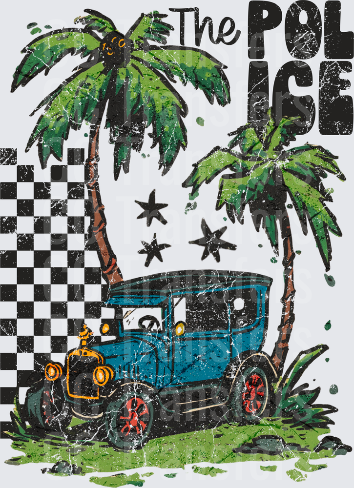 Vintage Car Palm Trees Checker Band Graphic Distressed (DTF)