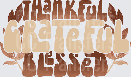 Thankful Grateful Blessed Boho Leaf Typography (DTF)