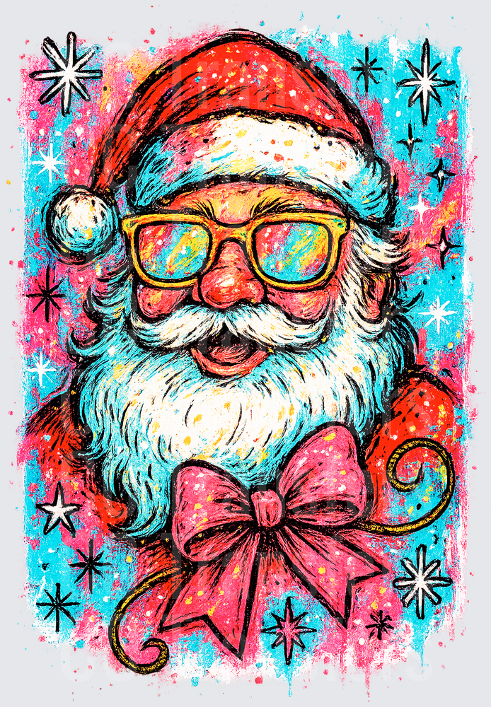 Retro Groovy Santa Sunglasses Pink Bow Stars (DTF)