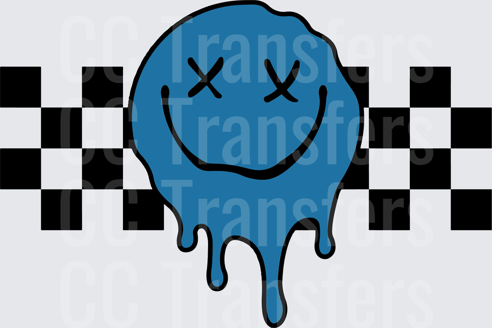Blue Melting Drip Smiley Face Checkered Flag (DTF)