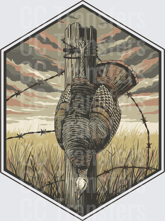 Harvested Wild Turkey Hanging on Barbed Wire Fence Post (DTF)