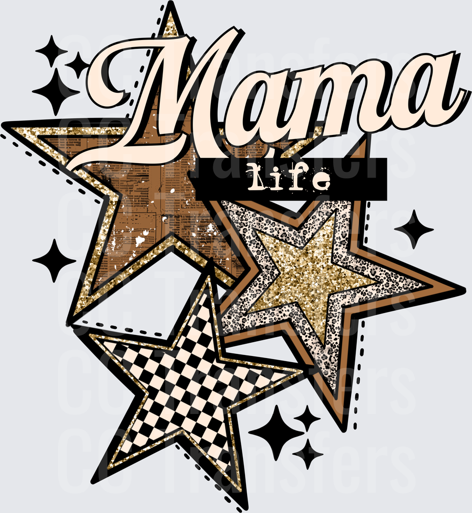Mama Life Retro Stars Leopard Checkered Gold Glitter (DTF)