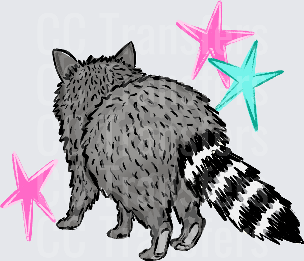 Fluffy Raccoon Back View with Colorful Stars (DTF)