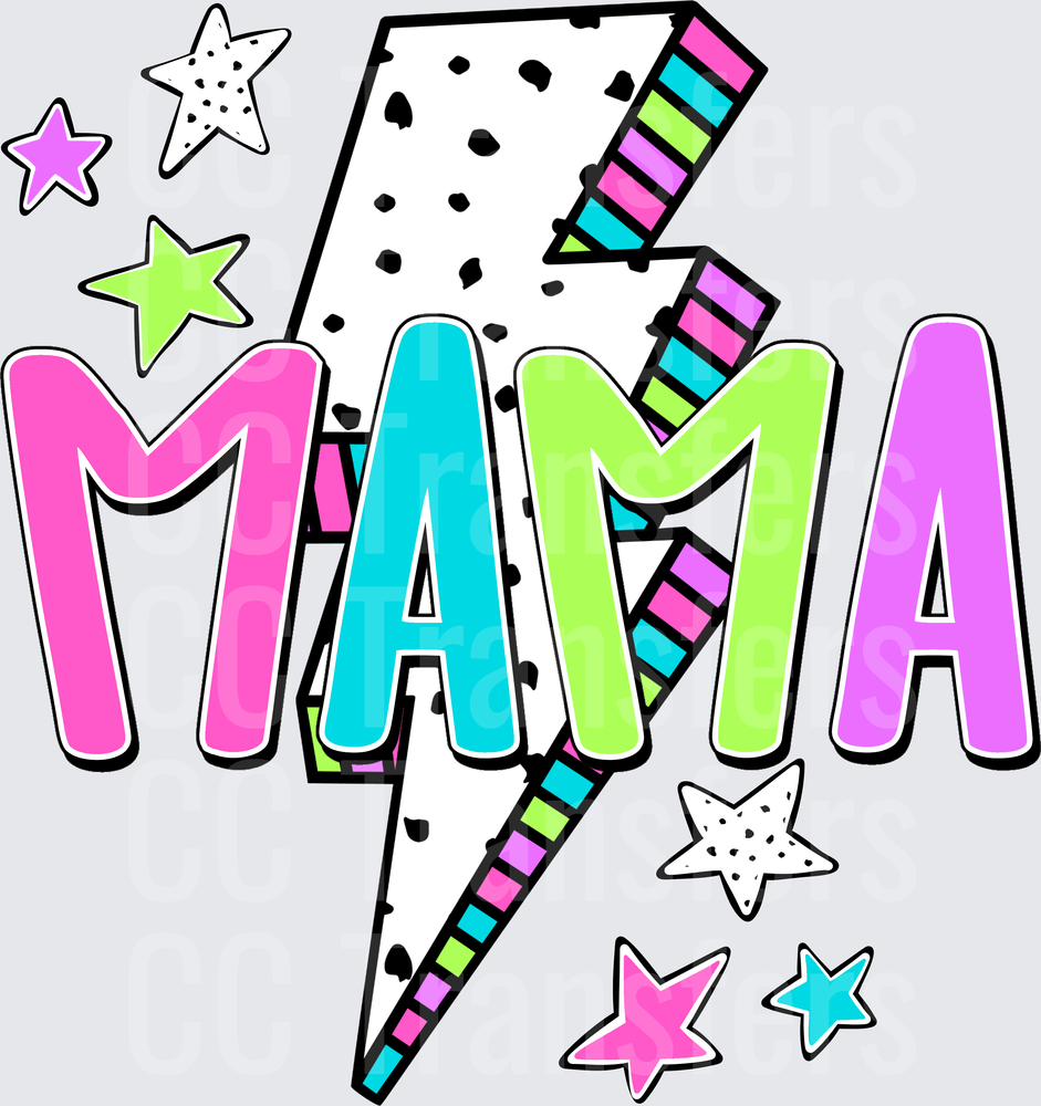Colorful MAMA Bold Text Lightning Bolt Stars (DTF)