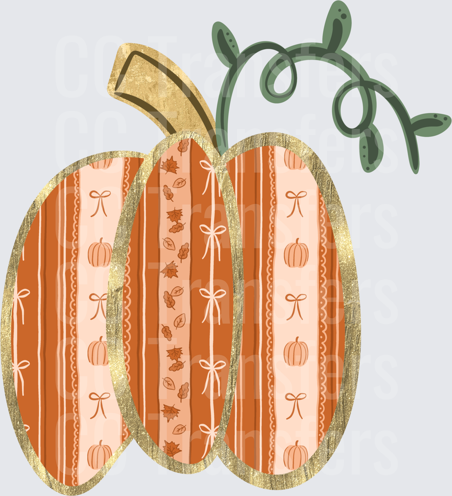 Patchwork Pumpkin Gold Glitter Bows Leaves Vine (DTF)