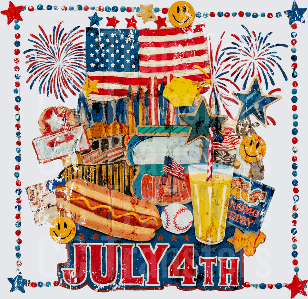 July 4th Patriotic Collage Fireworks Hot Dog Beer (DTF)