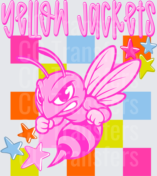 Pink Yellow Jackets Mascot Bee Retro Checkered Stars (DTF)