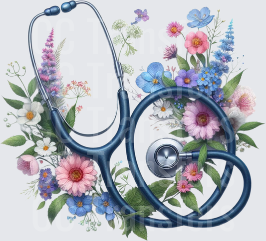 Navy Stethoscope with Wildflower Botanical Arrangement (DTF)
