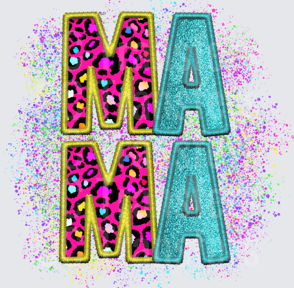 Mama Embroidered Patch Letters Leopard Teal Splatter (DTF)
