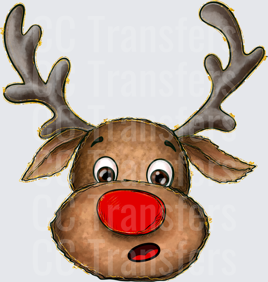 Cartoon Red-Nosed Reindeer Face with Antlers (DTF)