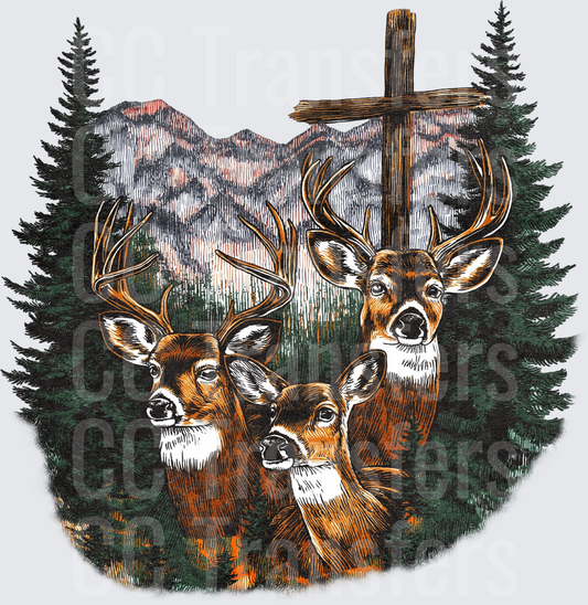 Whitetail Deer Bucks Wooden Cross Mountain Forest Scene (DTF)