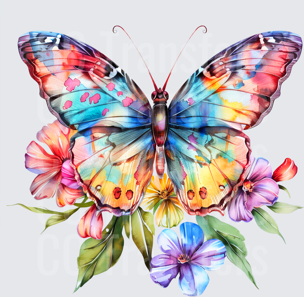 Colorful Watercolor Butterfly with Wildflowers (DTF)