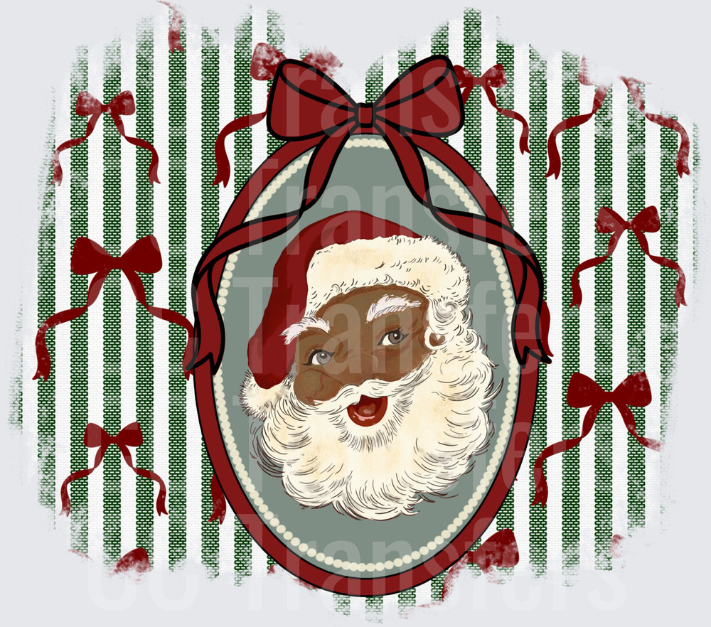 Vintage Black Santa Cameo Portrait Red Bow Stripe (DTF)