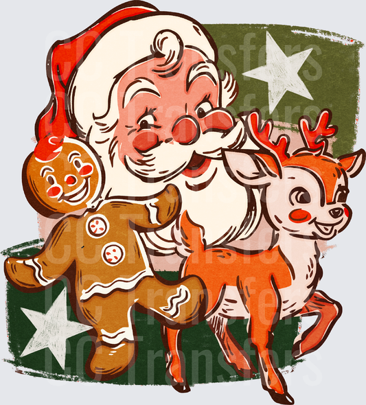 Retro Santa Claus Gingerbread Man Red Nose Reindeer (DTF)