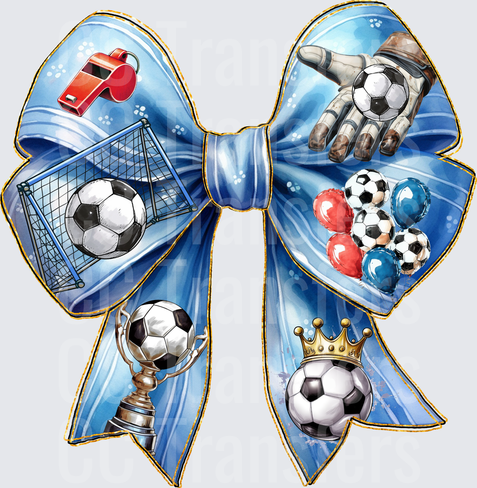 Blue Satin Soccer Bow with Trophy Crown Glove Whistle (DTF)