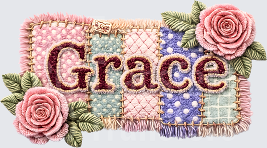 Grace Patchwork Quilt Embroidery Floral Name Design (DTF)