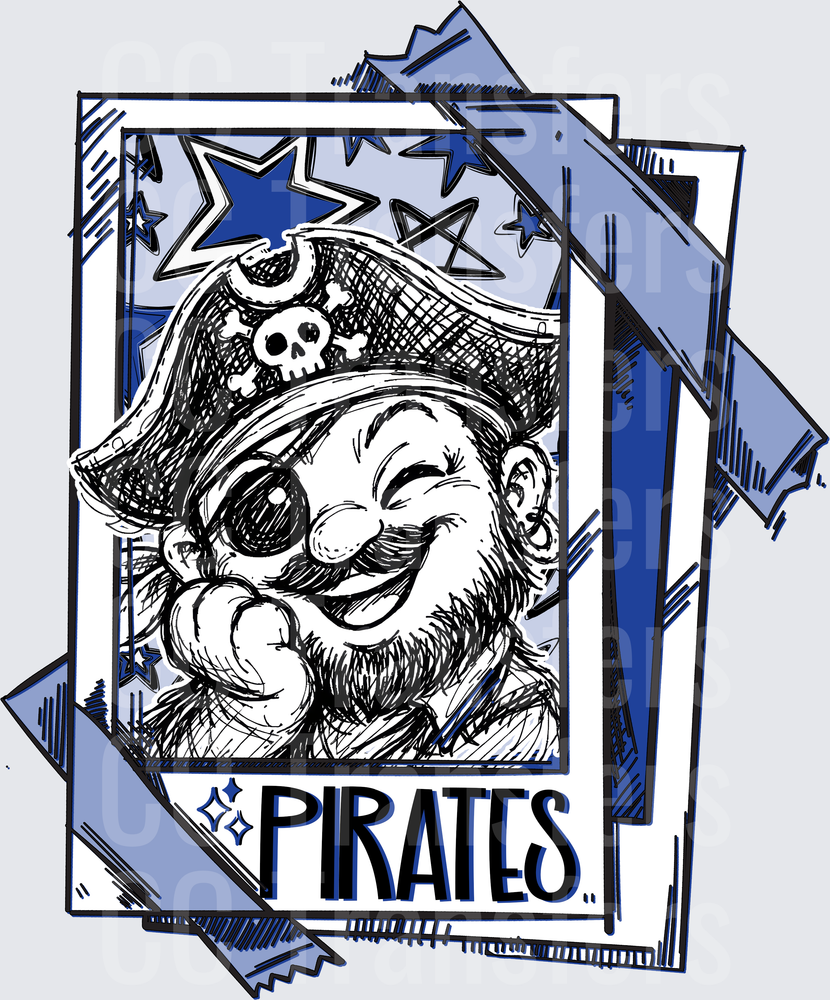 Smiling Pirate Captain Sketch with Stars Pirates Text (DTF)